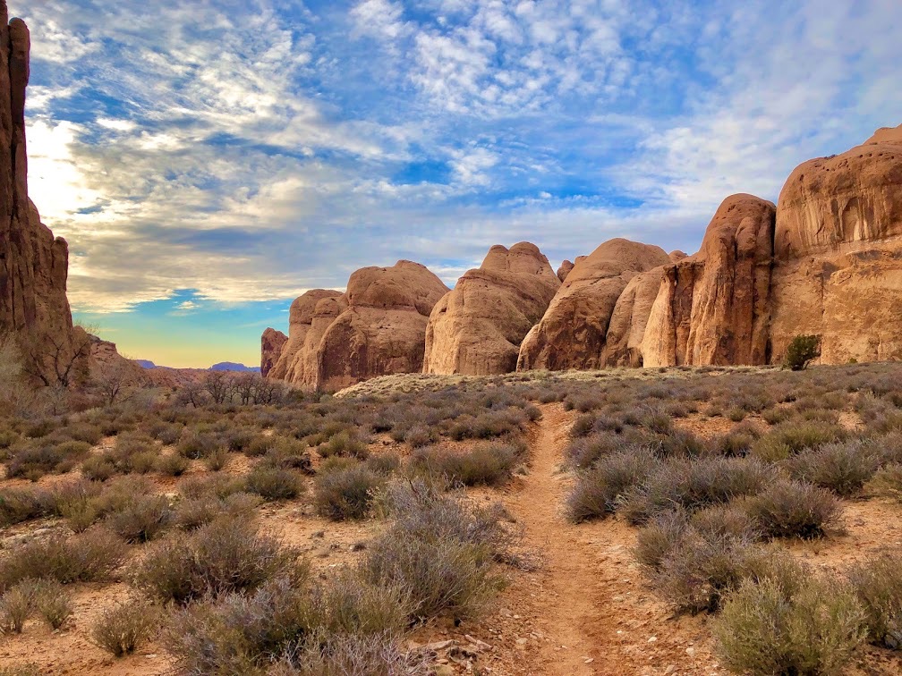 A winding desert trail through sagebrush leading toward ancient sandstone formations—evoking the journey of fathers and sons while leaving a legacy through intentional fatherhood retreats in the wild heart of Moab. 