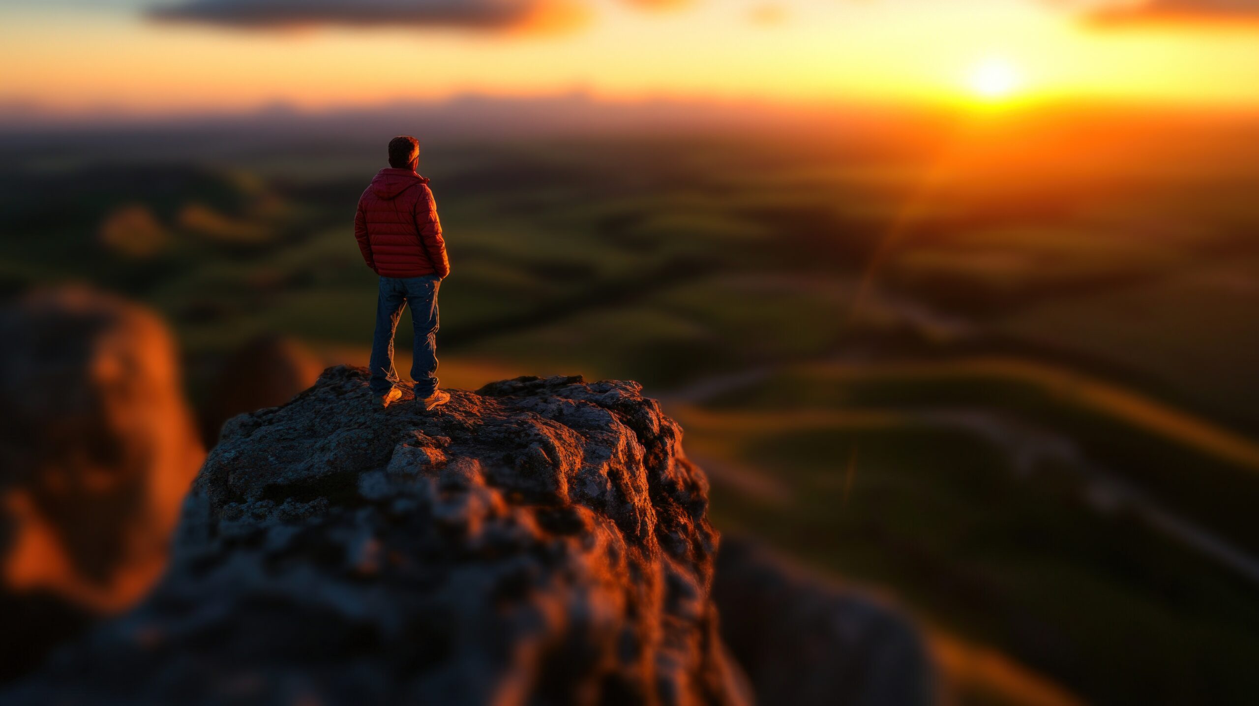 A solitary figure gazes over a vast sunset horizon—symbolizing the quiet power of integration coaching, where fathers reflect, recalibrate, and bring their growth home.