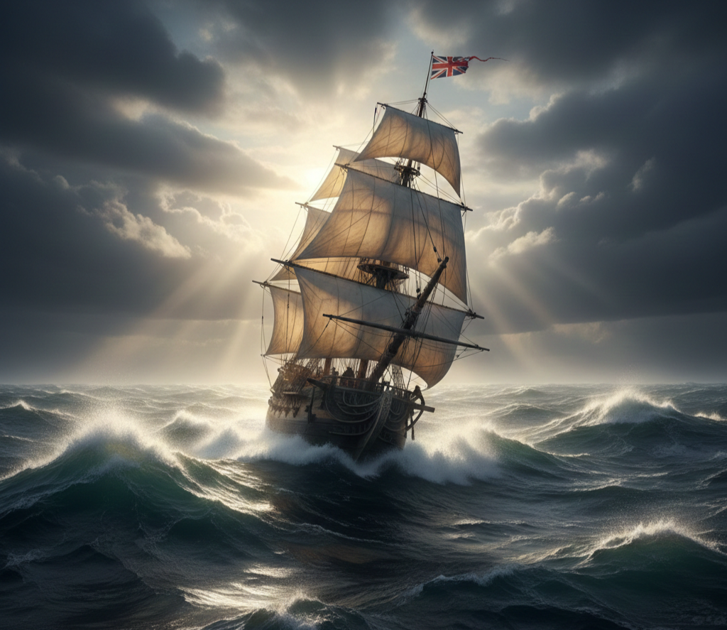 A historic British sailing ship battles towering waves under a storm-darkened sky, its full sails straining against the wind. Sunlight breaks through the clouds, casting dramatic rays onto the vessel and the turbulent sea. The ship evokes the final voyage of Captain James Cook—once a disciplined leader, now adrift in both command and conviction. The image symbolizes the peril of complacency, the cost of drift, and the tension between external achievement and internal erosion. A visual metaphor for leadership under pressure and the quiet unraveling that can follow success without presence.